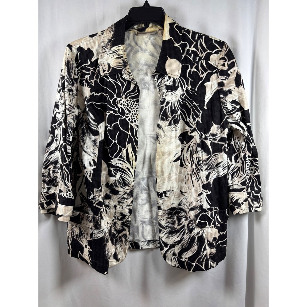 Chico's Women Black Cream Floral Piqué Open Front Blazer Jacket Size 3 XL